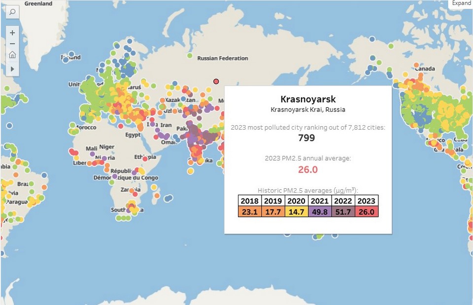 Красноярск на карте IQAir