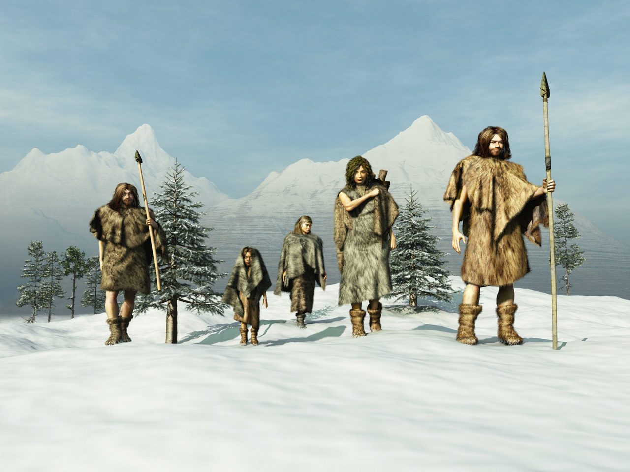 Семья древних людей идет по снегу. Компьютерная графика