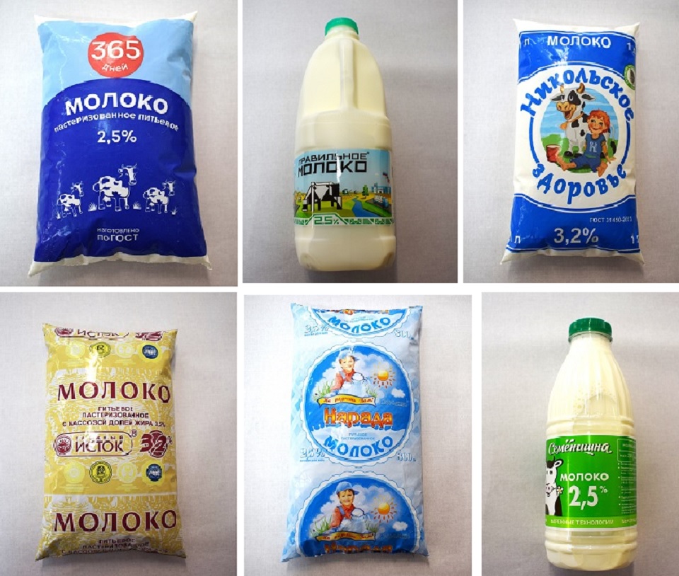 Образцы молока в пакетах и бутылках
