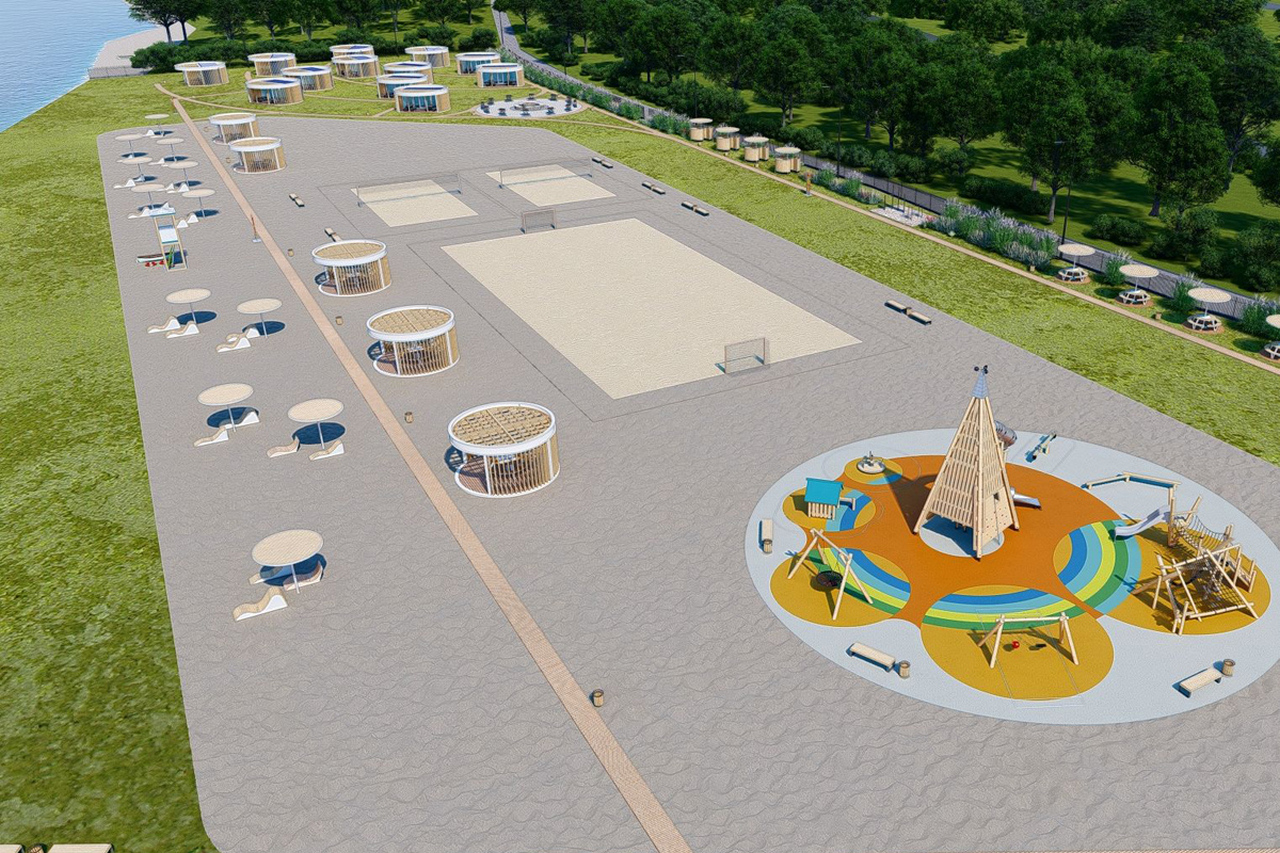 Вот так выглядит пляж на проекте. Здесь беседки, детская площадка, футбольная и волейбольные площадки и остальная привычная для таких мест инфраструктура