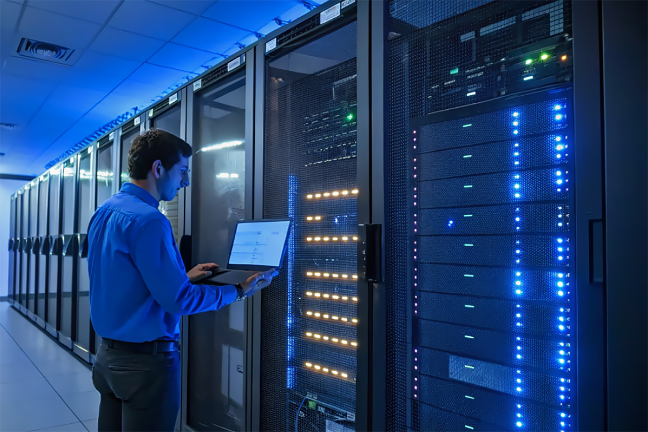 Инженер внутри дата-центра