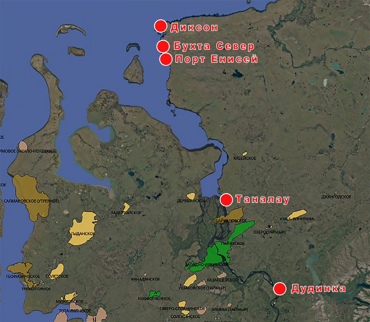 Карта низовий Енисея со всеми портами