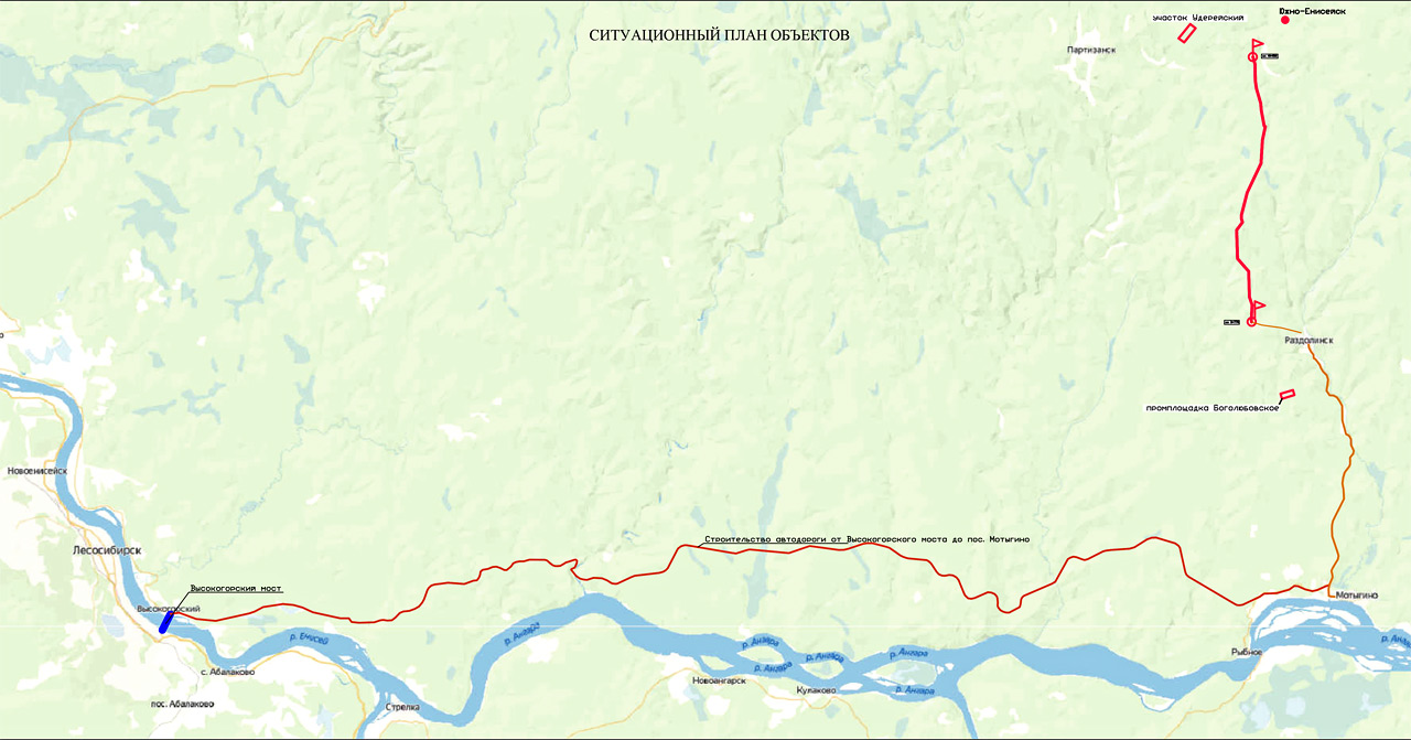 Схема прокладки новой автодороги от Высокогорского моста до Мотыгино и Раздолинска