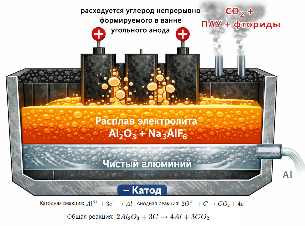 Схема электролиза алюминия по Содербергу - автор ДЕЛА