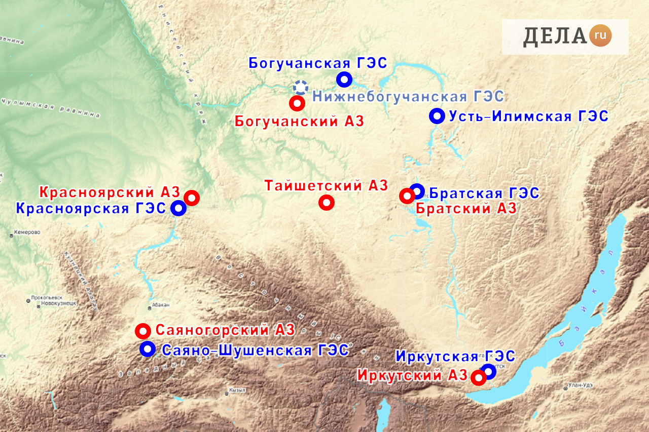 Карта расположения ГЭС и алюминиевых заводов в Сибири