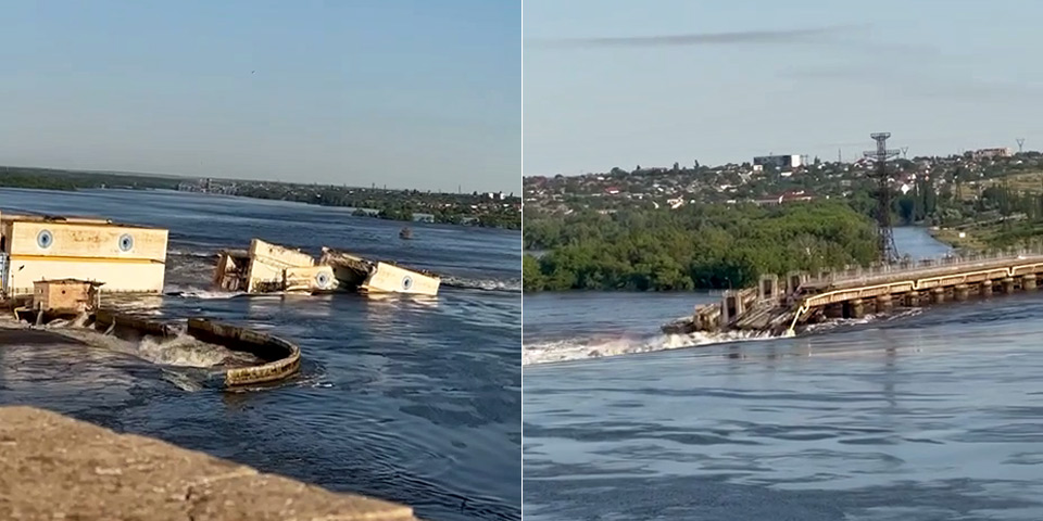 Каховская ГЭС после частичного разрушения