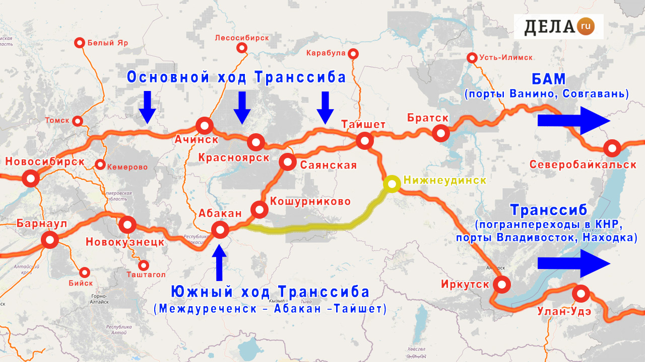 Схема Транссибирской магистрали с выходом на Нижнеудинск