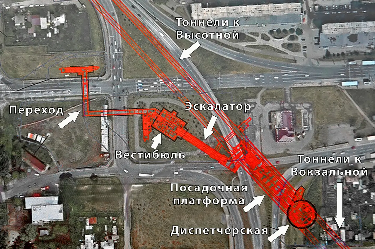Карта-схема станции Улица Копылова Красноярского метро на местности с подписями отдельных частей комплекса