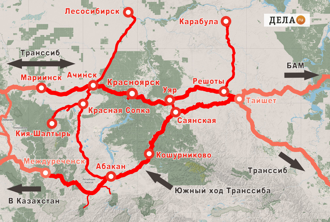 Карта-схема Красноярск железной дороги с важными станциями