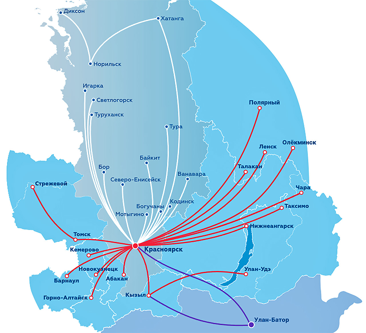 Схема географии полетов Красавиа - самолетные линии