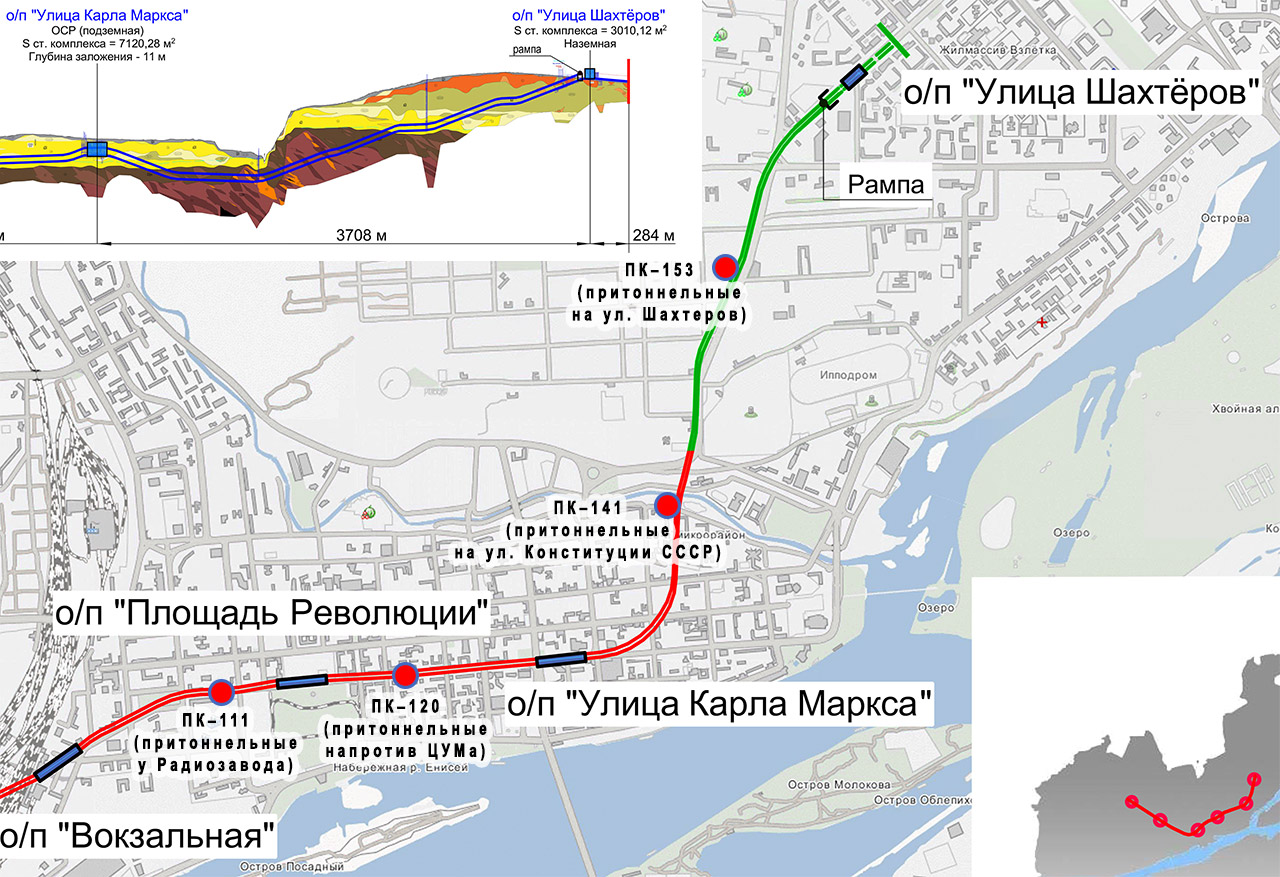 Схема прокладки тоннелей Красноярского метро в восточной части Красноярска