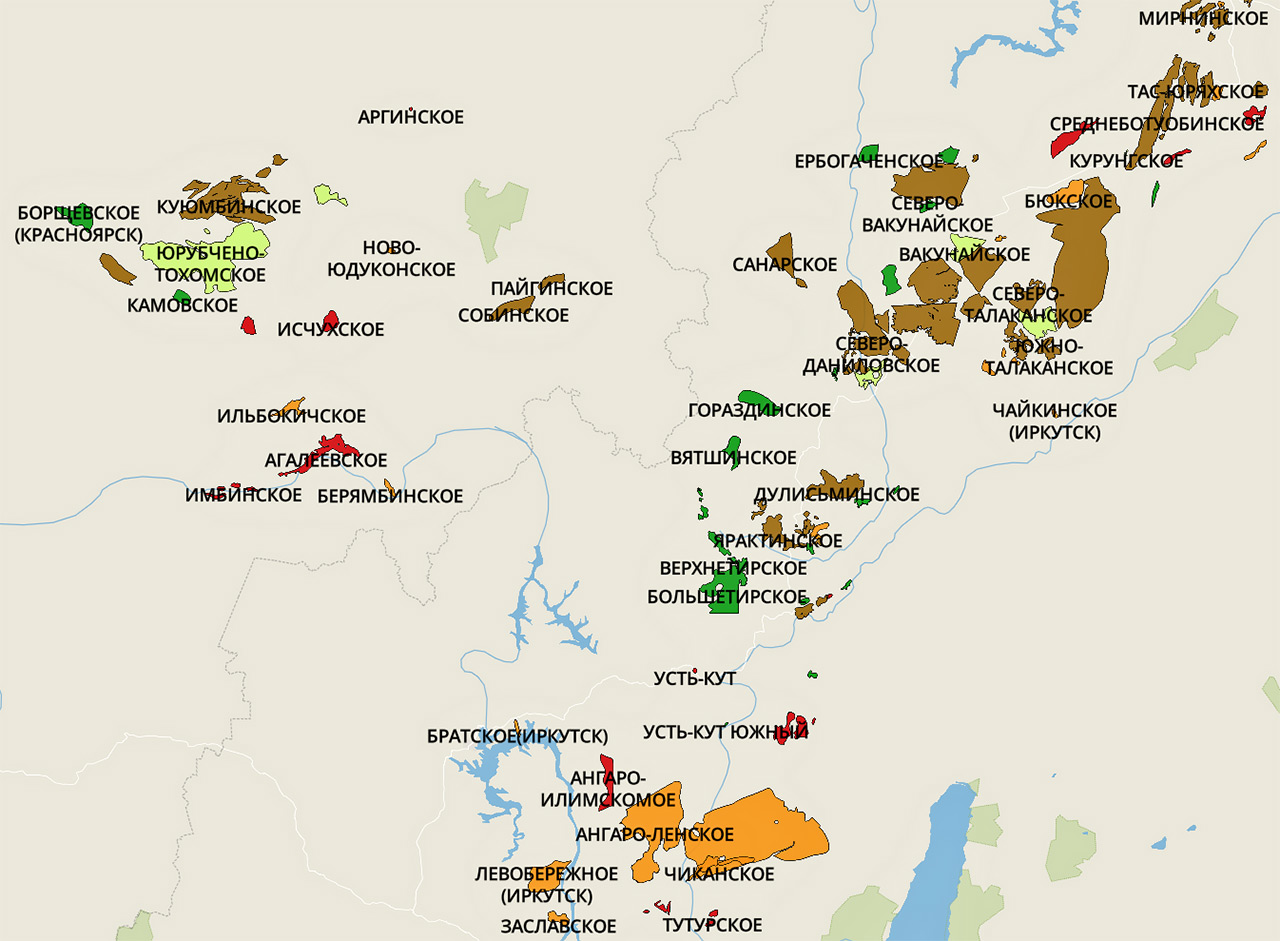 Карта нефтяных и газовых месторожденией в Эвенкии 