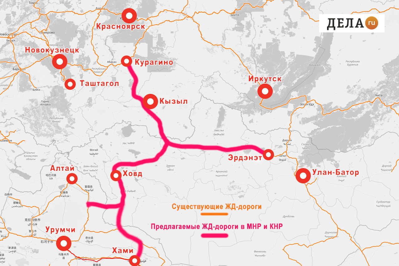 Схема железной дороги Курагино - кызыл - Хами