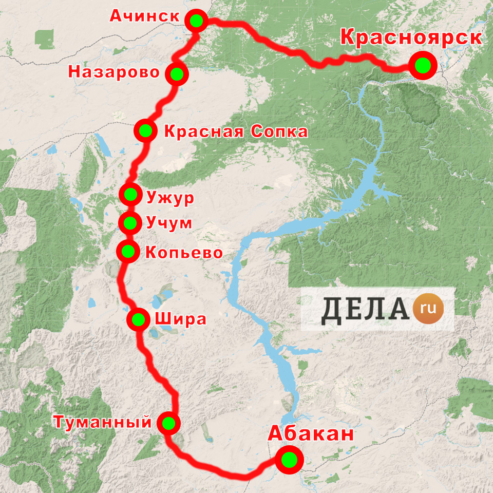 Карта поезда Красноярск - Ачинск - Назарово - Ужур - Шира - Абакан