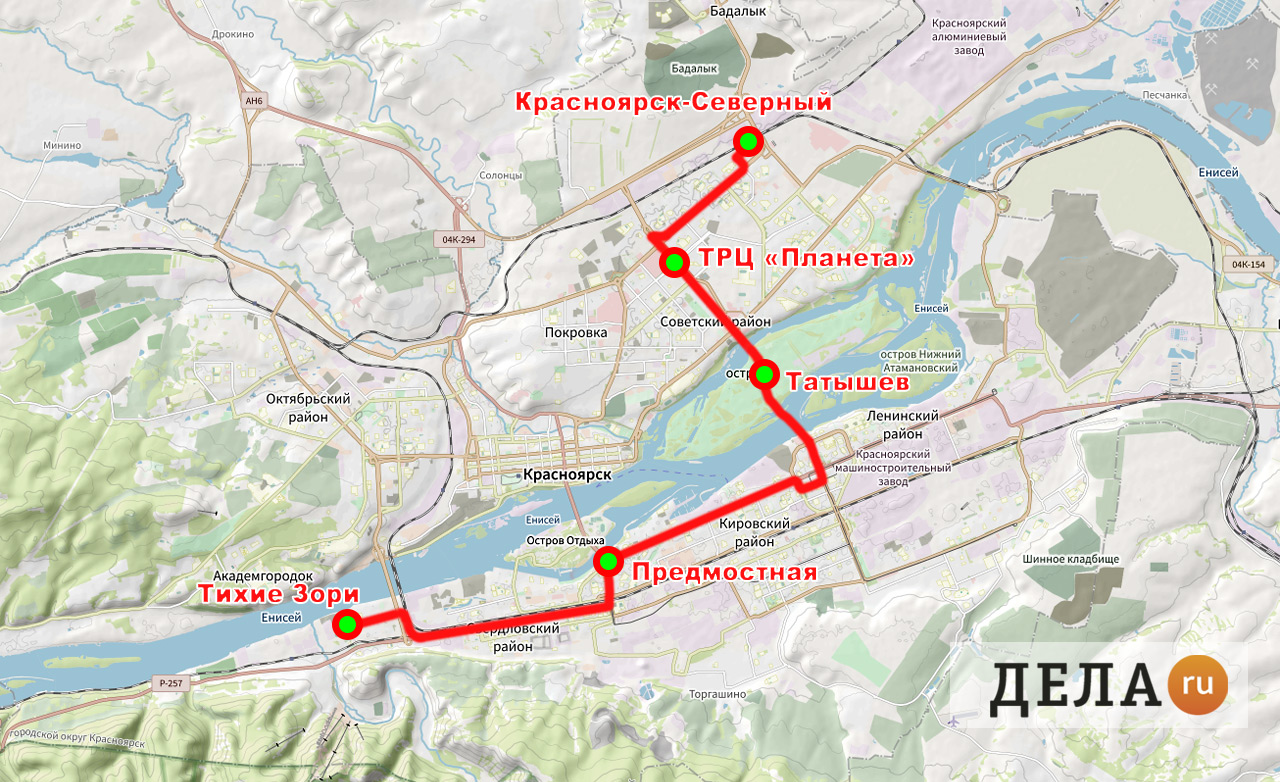 Схема первого электробусного маршрута Красноярска - карта электробуса 1