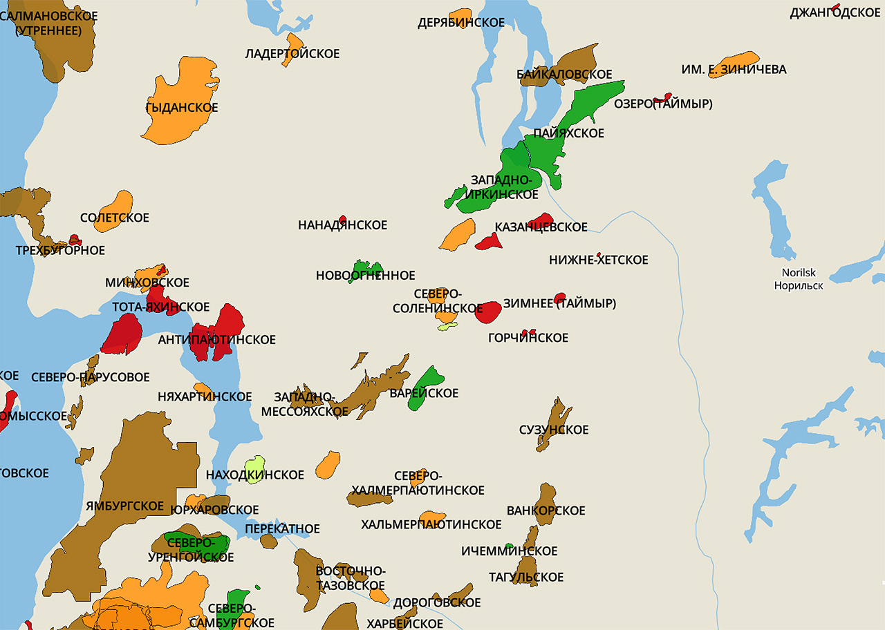 Углеводородные - нефтяные и газовые месторождения севера Красноярского края - карта
