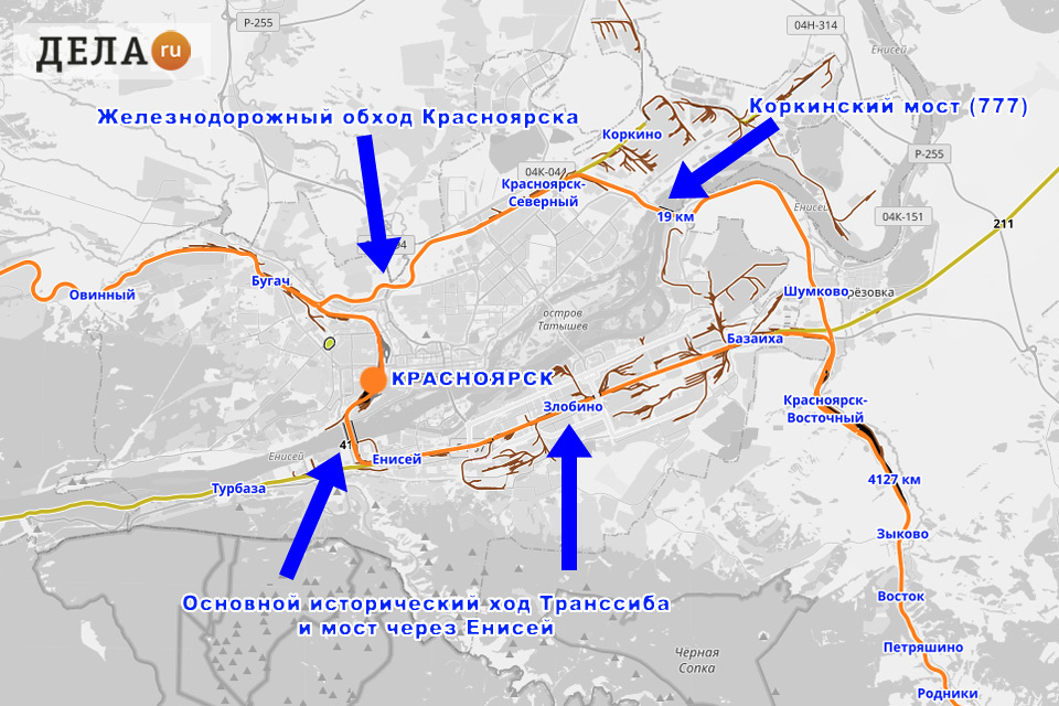 Железнодорожная схема Красноярска - основной ход Транссиба и северный грузовой обход города