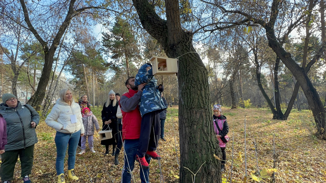 ребенок насыпает еду для белокв кормушку