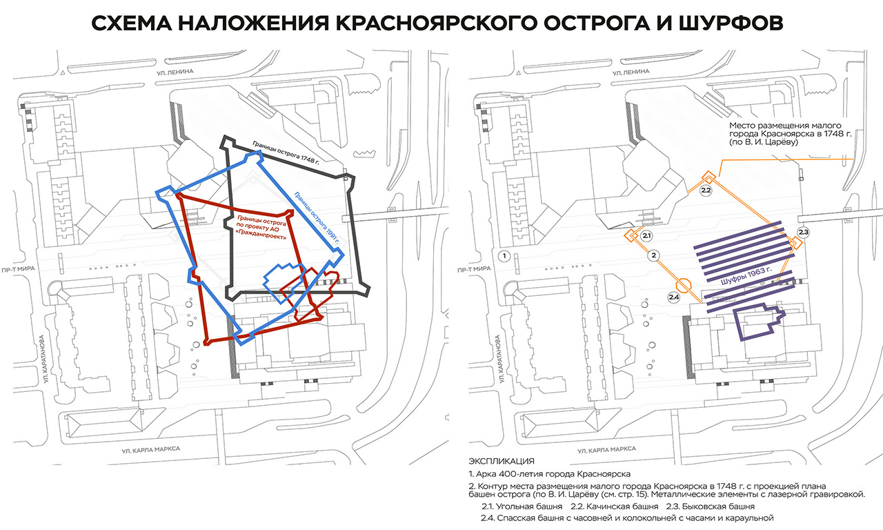 Карта расположения Красноярского острога на нынешней площади Мира