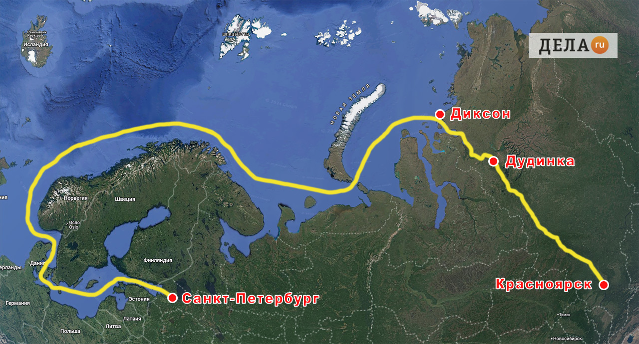 Карта - схема перегона теплохода Виктор Астафьев из Санкт-Петербурга в Красноярск