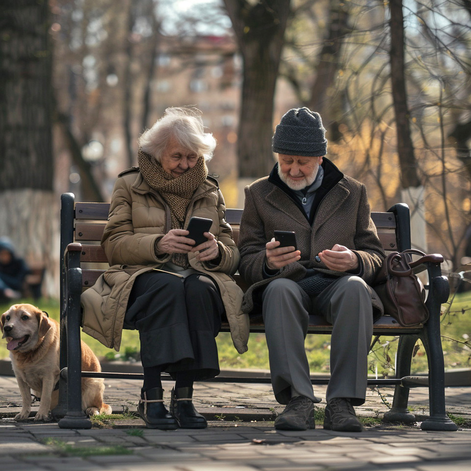 Пожилые люди смотрят в смартфон