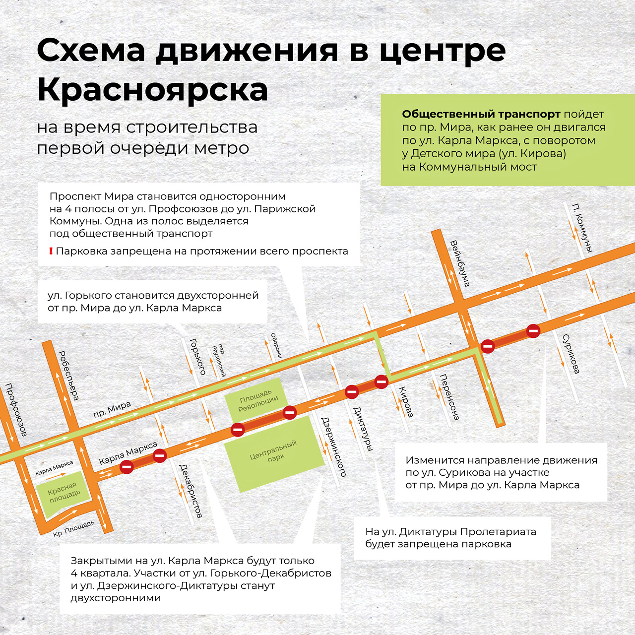 Схема перекрытий и организации движения в центре Красноярска на время строительства метро