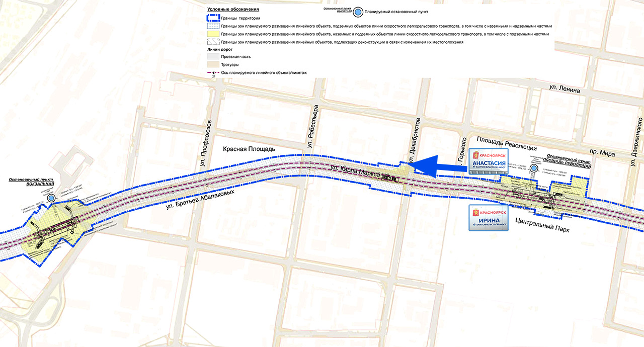 Схема перегона Красноярского метро Вокзальная - Пл. Революции