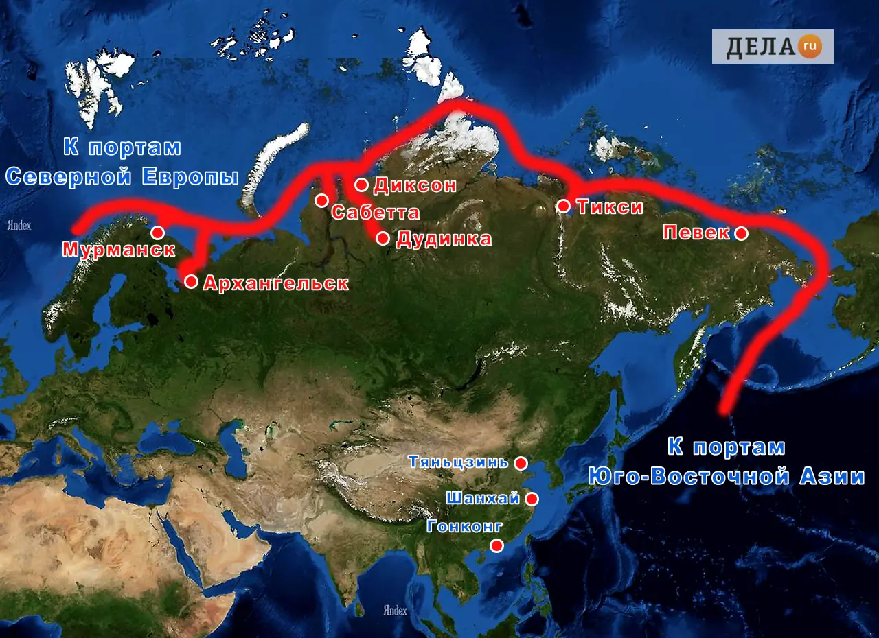 Карта Северного морского пути и Енисей