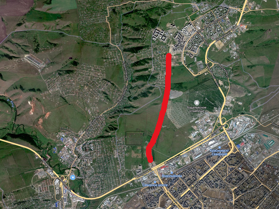 Схема карта новой дороги от Северного Шоссе в Солнечный за кладбищем Бадалык