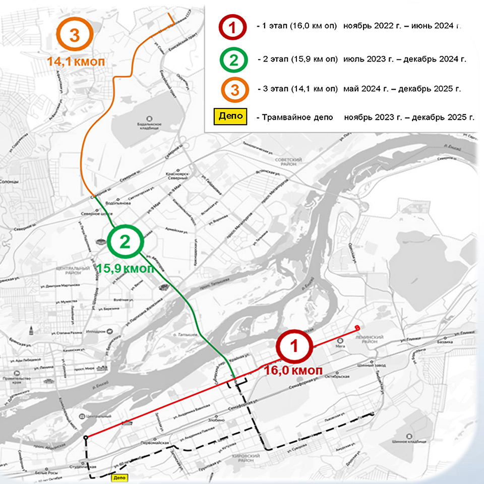 Этапы развития трамвайной сети Красноярска согласно планам концессии