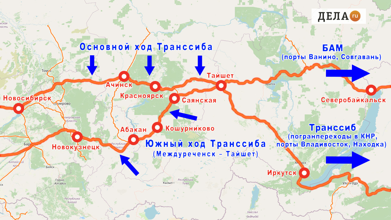 Карта Южного хода Транссиба Междуреченск - Абакан - Тайшет