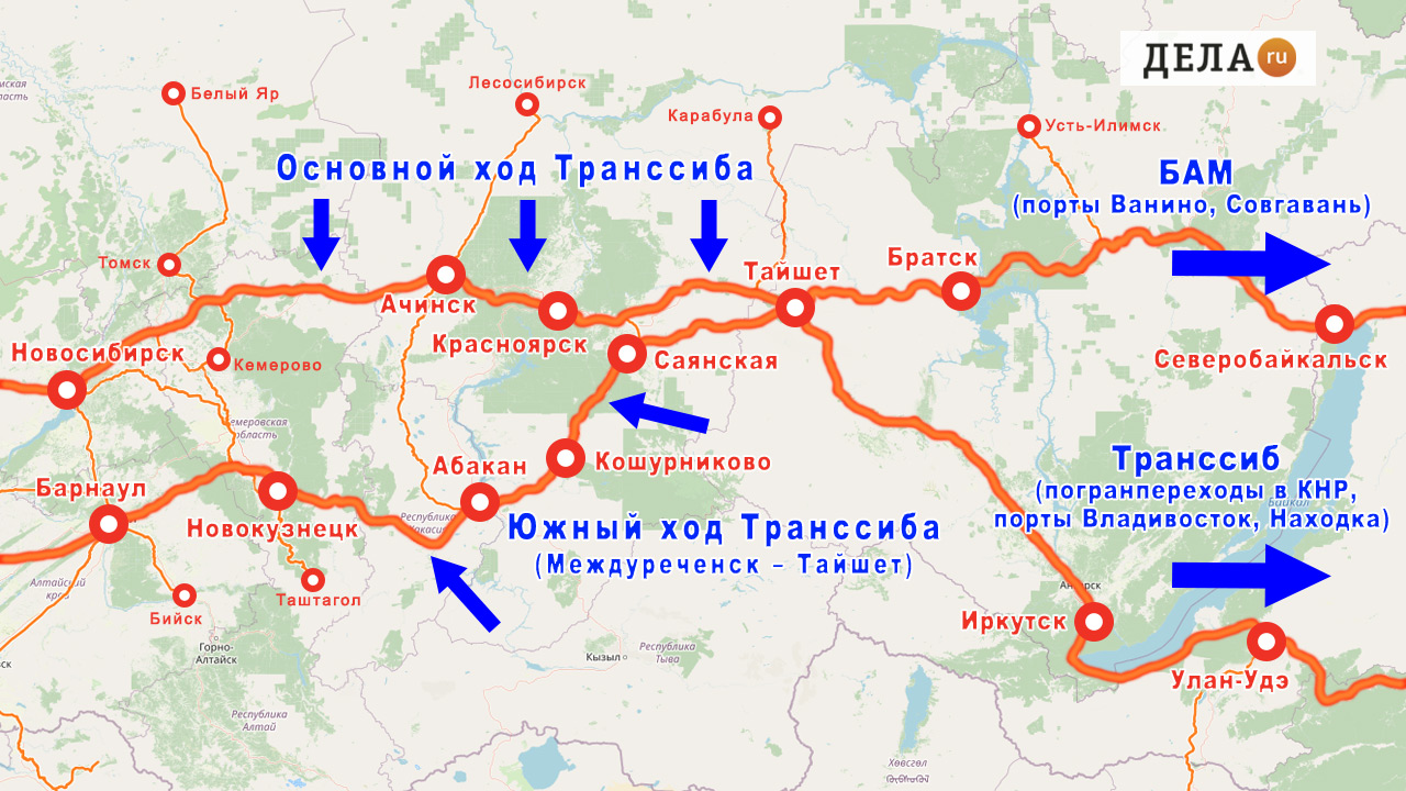 Карта схема Южного хода Транссиба обновленная