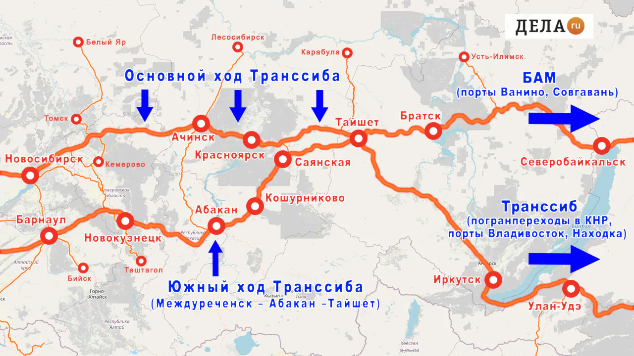 Карта основного и Южного хода Транссиба через Красноярский край