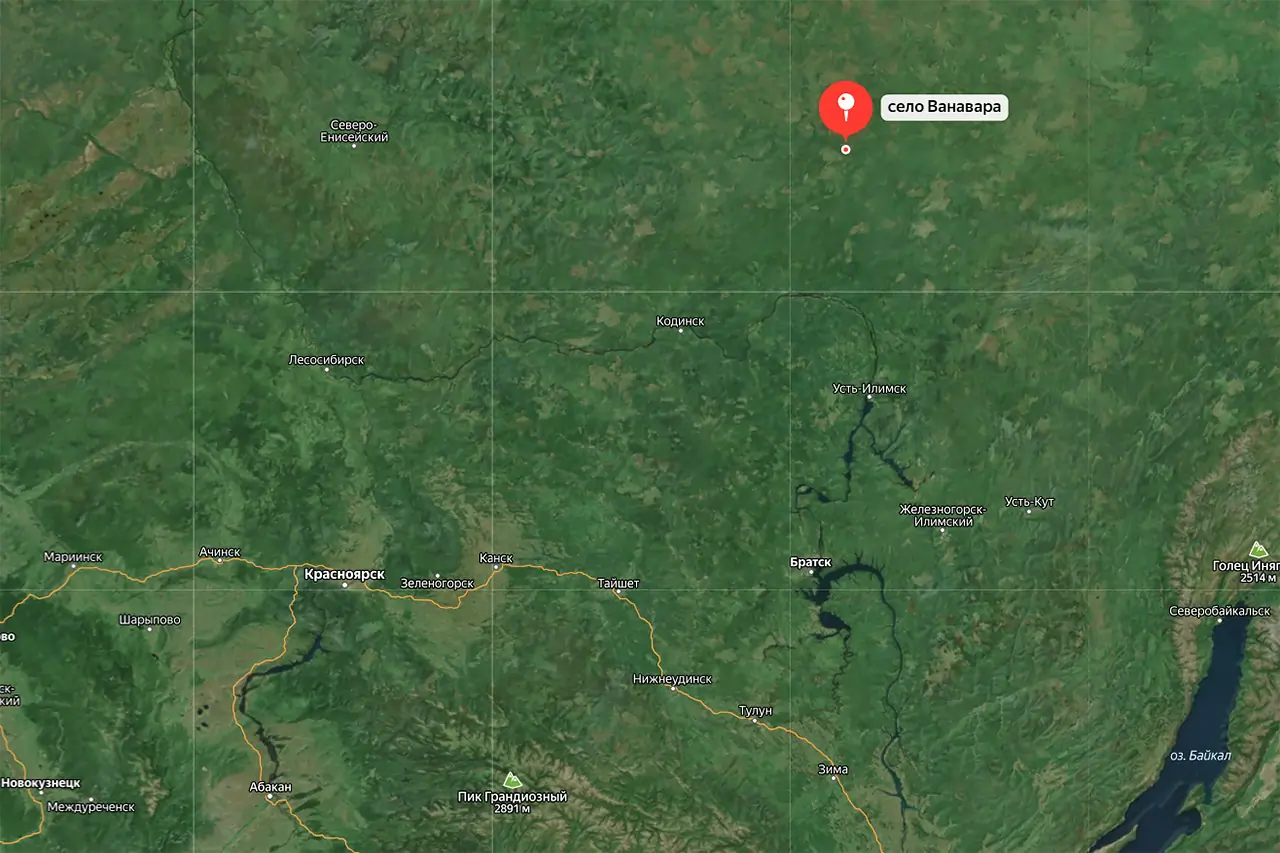 Карта расположения села Ванавара в Красноярском крае