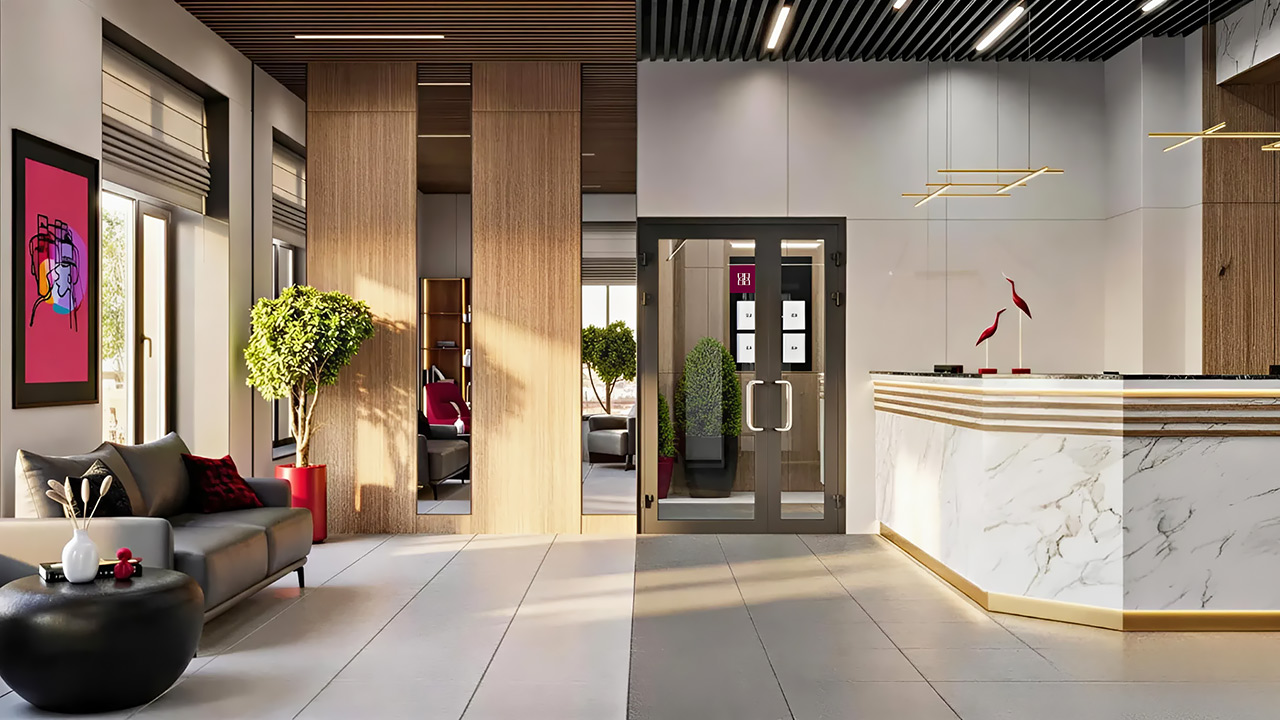 ЖК Вверх на Взлетке Красноярска, вид холла парадного входа