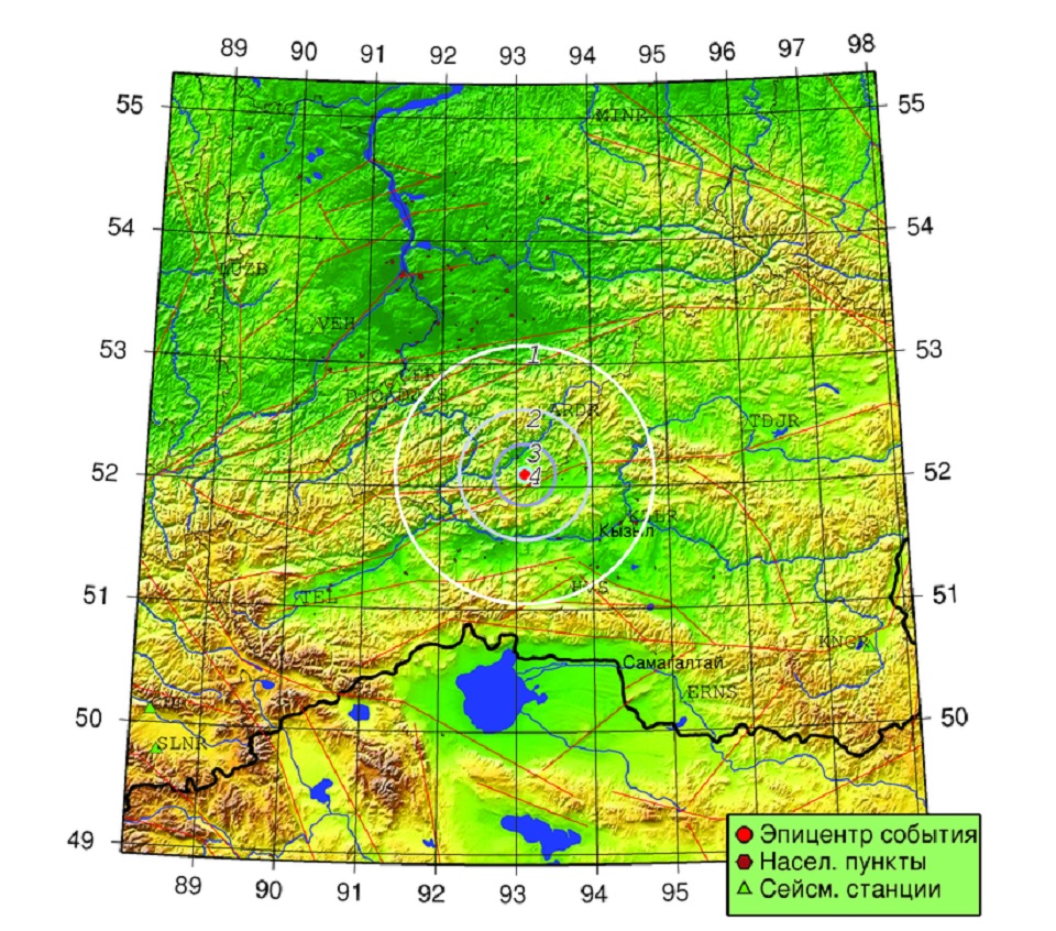 карта с точкой землетрясения